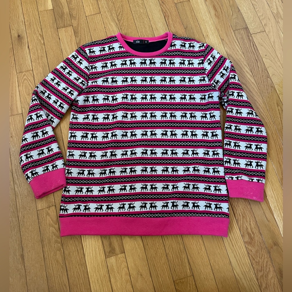 Women’s Pink and Black Reindeer Sweater Size 10